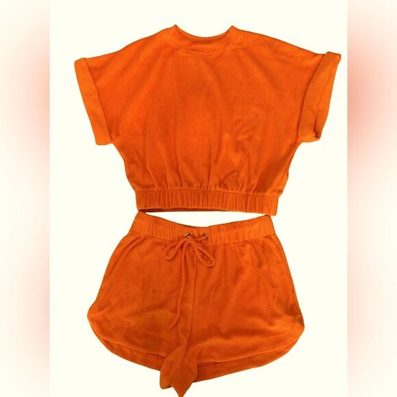 Elan Two piece Terry Short set, rolled cuff sleeve with drawstring shorts. - Picture 3 of 11